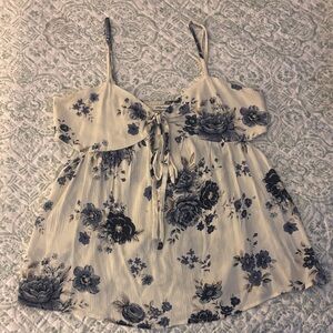 AE Floral Tie-Front Cream and Blue Spaghetti Strap Top